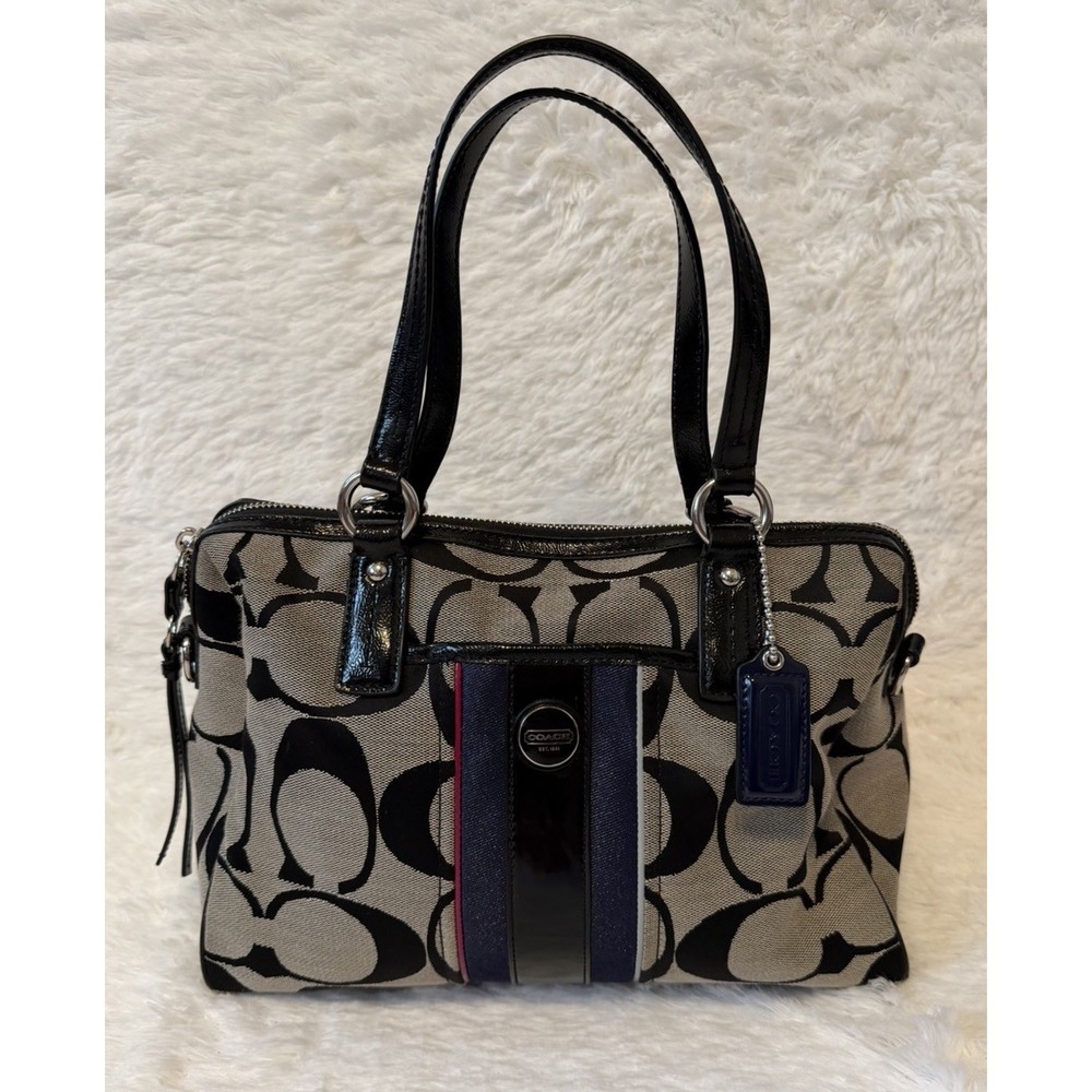COACH Signature Multi Stripe Satchel Handbag Black Gray Monogram Canvas F25526